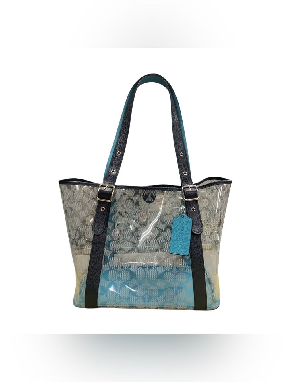 Coach Clear Tote with Teal Accent and Black Straps